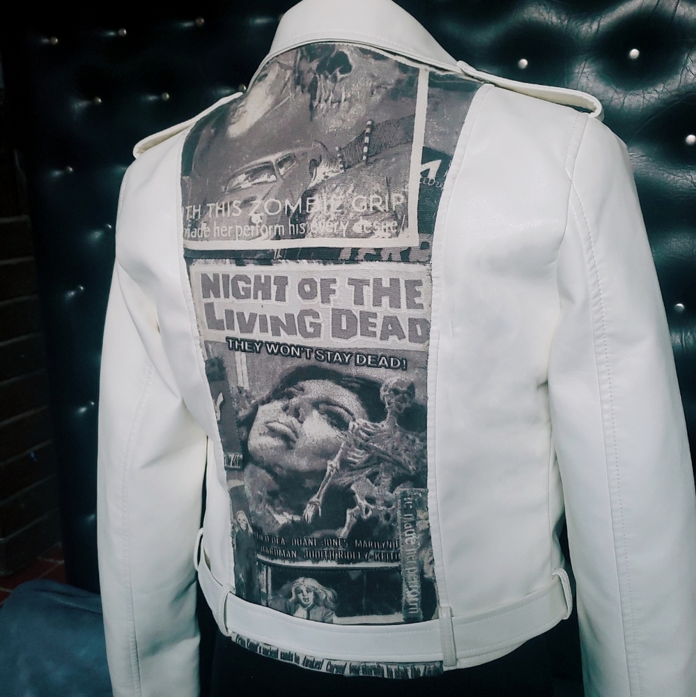 Upcycled vegan leather biker style jacket with B movie bautys - Picture 3 of 5